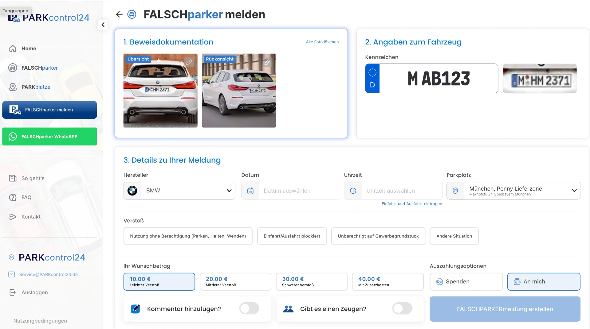 ParkControl24 Dashboard - Meldung erstellen